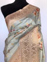 Baby Blue Banarasi Silk Saree with Floral Prints and Gold Zari Buttas - Image 3