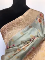 Baby Blue Banarasi Silk Saree with Floral Prints and Gold Zari Buttas - Image 4