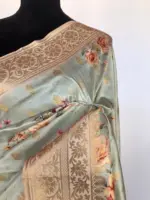 Baby Blue Banarasi Silk Saree with Floral Prints and Gold Zari Buttas - Image 5