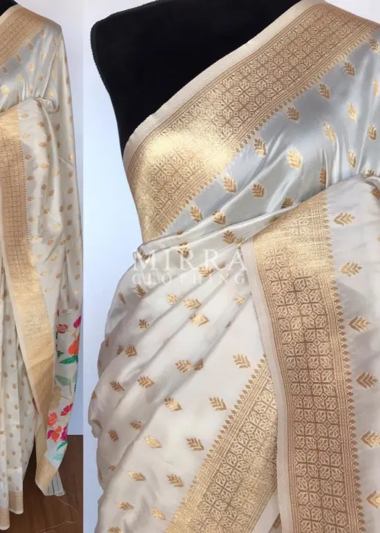 White Banarasi Silk Saree with Gold Zari Weaves