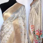 White Banarasi Silk Saree with Gold Zari Weaves - Image 2