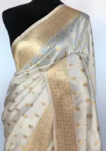 White Banarasi Silk Saree with Gold Zari Weaves - Image 3