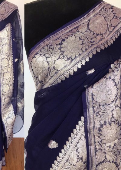 Navy Blue Banarasi Silk Saree in Pure Khaddi Chiffon