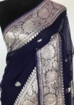 Navy Blue Banarasi Silk Saree in Pure Khaddi Chiffon - Image 4