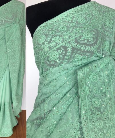 Mint Green Georgette Saree with Lucknowi Thread Work