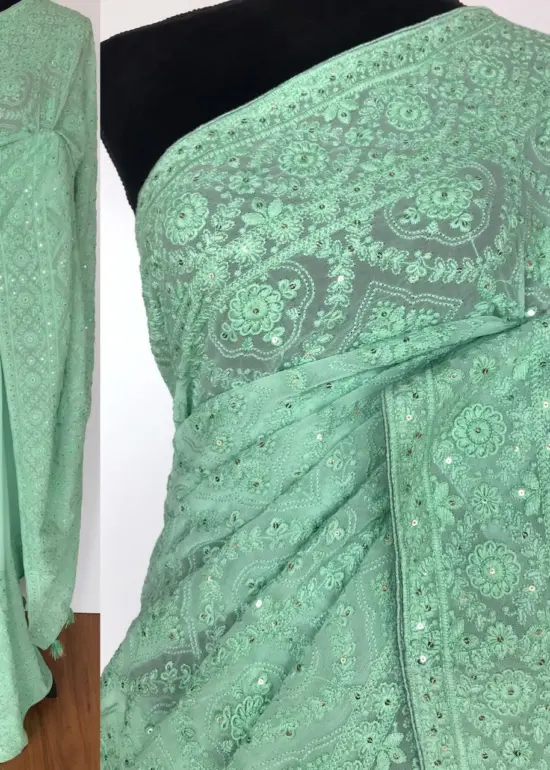 Mint Green Georgette Saree with Lucknowi Thread Work