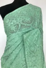 Mint Green Georgette Saree with Lucknowi Thread Work - Image 3