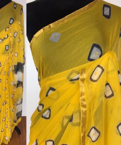 Yellow Block Printed Chiffon Saree