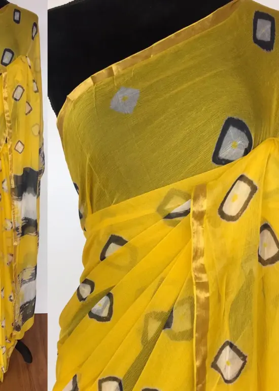Yellow Block Printed Chiffon Saree