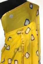 Yellow Block Printed Chiffon Saree - Image 4