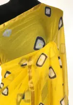 Yellow Block Printed Chiffon Saree - Image 6