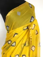 Yellow Block Printed Chiffon Saree - Image 3
