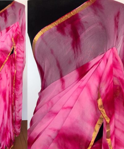 Pink Block Printed Chiffon Saree
