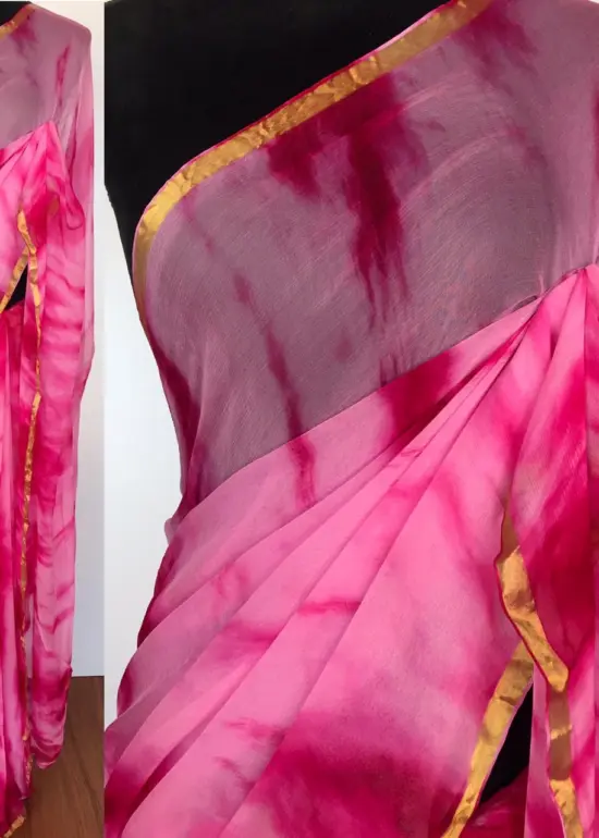 Pink Block Printed Chiffon Saree