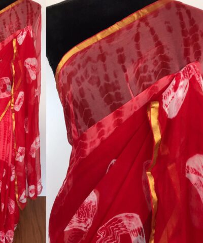 Red Block Printed Chiffon Saree