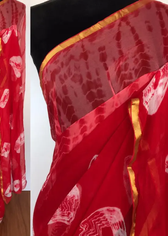 Red Block Printed Chiffon Saree