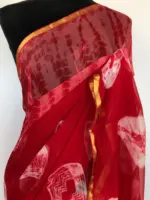 Red Block Printed Chiffon Saree - Image 3