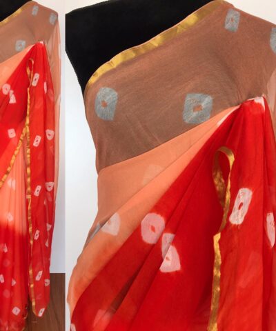 Orange Block Printed Chiffon Saree