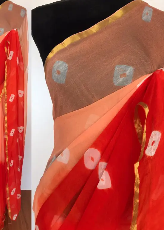 Orange Block Printed Chiffon Saree