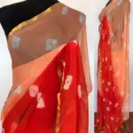 Orange Block Printed Chiffon Saree - Image 2