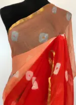 Orange Block Printed Chiffon Saree - Image 4