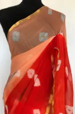 Orange Block Printed Chiffon Saree - Image 3