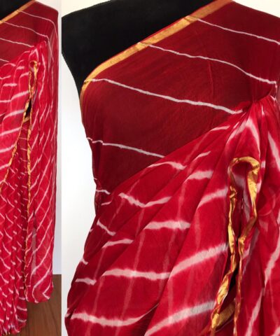 Red Block Printed Chiffon Saree