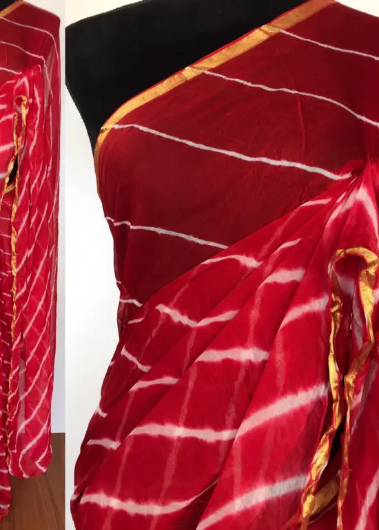 Red Block Printed Chiffon Saree