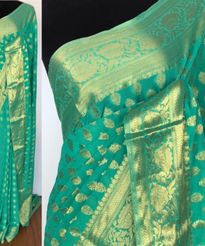 Turquoise Chiffon Saree with Gold Zari Buttas