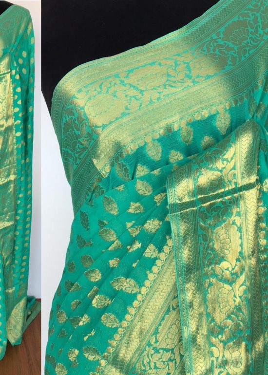 Turquoise Chiffon Saree with Gold Zari Buttas
