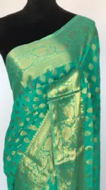 Turquoise Chiffon Saree with Gold Zari Buttas - Image 2