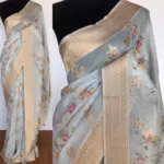 Ice Blue Linen Silk Saree with Beautiful Prints along with Antique Zari Border