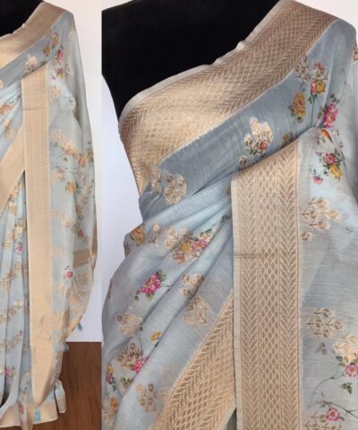 Ice Blue Linen Silk Saree with Beautiful Prints along with Antique Zari Border