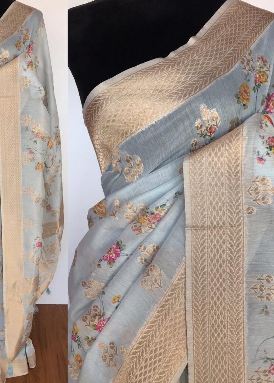 Ice Blue Linen Silk Saree with Beautiful Prints along with Antique Zari Border
