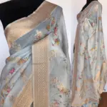 Ice Blue Linen Silk Saree with Beautiful Prints along with Antique Zari Border - Image 2