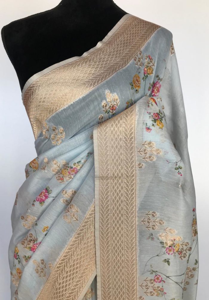 Ice Blue Linen Silk Saree with Beautiful Prints along with Antique Zari Border