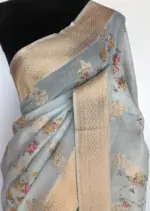 Ice Blue Linen Silk Saree with Beautiful Prints along with Antique Zari Border - Image 4