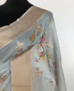 Ice Blue Linen Silk Saree with Beautiful Prints along with Antique Zari Border - Image 5