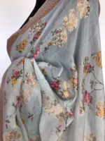 Ice Blue Linen Silk Saree with Beautiful Prints along with Antique Zari Border - Image 6