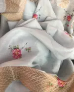 Ice Blue Linen Silk Saree with Beautiful Prints along with Antique Zari Border - Image 7