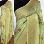 Green Linen Silk Saree with Beautiful Prints along with Antique Zari Border