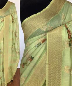 Green Linen Silk Saree with Beautiful Prints along with Antique Zari Border