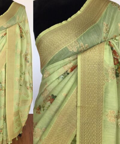 Green Linen Silk Saree with Beautiful Prints along with Antique Zari Border