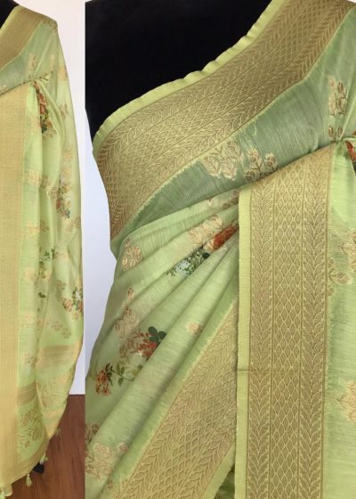 Green Linen Silk Saree with Beautiful Prints along with Antique Zari Border