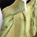 Green Linen Silk Saree with Beautiful Prints along with Antique Zari Border - Image 2