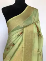 Green Linen Silk Saree with Beautiful Prints along with Antique Zari Border - Image 3