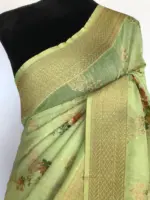 Green Linen Silk Saree with Beautiful Prints along with Antique Zari Border - Image 4