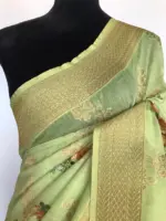 Green Linen Silk Saree with Beautiful Prints along with Antique Zari Border - Image 5