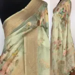 Sea Green Linen Silk Saree with Beautiful Prints along with Antique Zari Border - Image 2