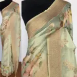 Sea Green Linen Silk Saree with Beautiful Prints along with Antique Zari Border
